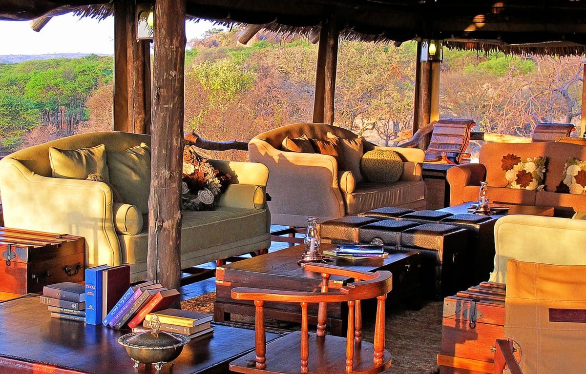 An interior view of the formal living room at Serengeti Pioneer Camp.