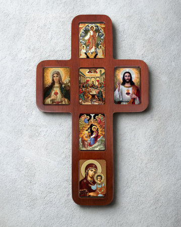 Wooden Icon Cross - Sacred and Immaculate Hearts