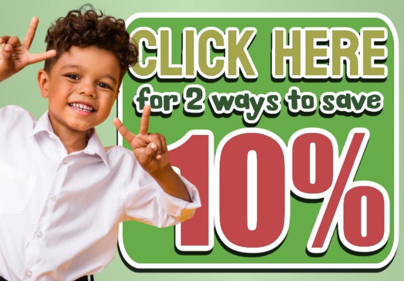 Small banner with child, 10% off, click to save.