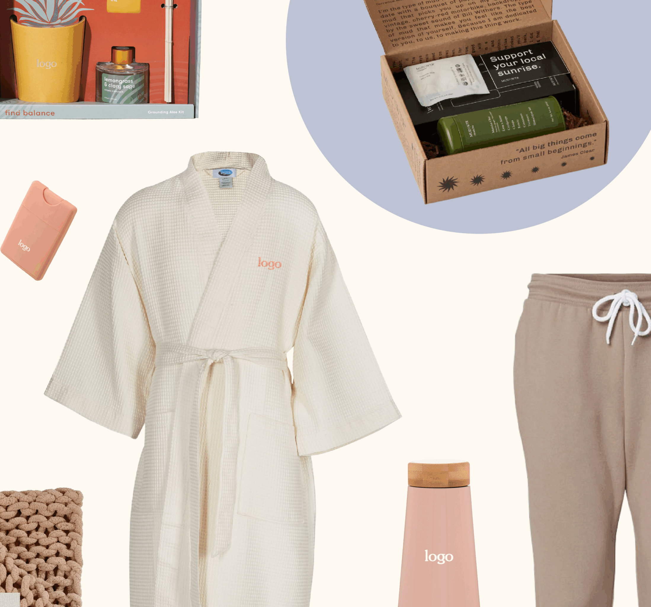 A collage of cozy wellness items—like a white waffle robe, tan jogger pants, a reusable water bottle, and more—makes for Brilliant Gifts, all featuring a minimalist logo for the perfect blend of comfort and style.