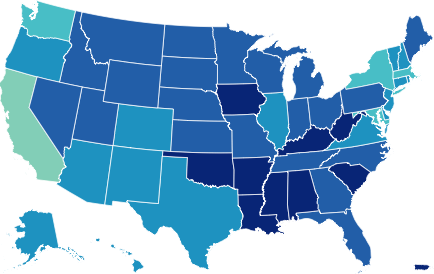 Map of states with most low wage workers