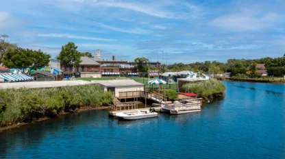 A small marina with boats docked along a calm river, surrounded by greenery and buildings under a blue sky.