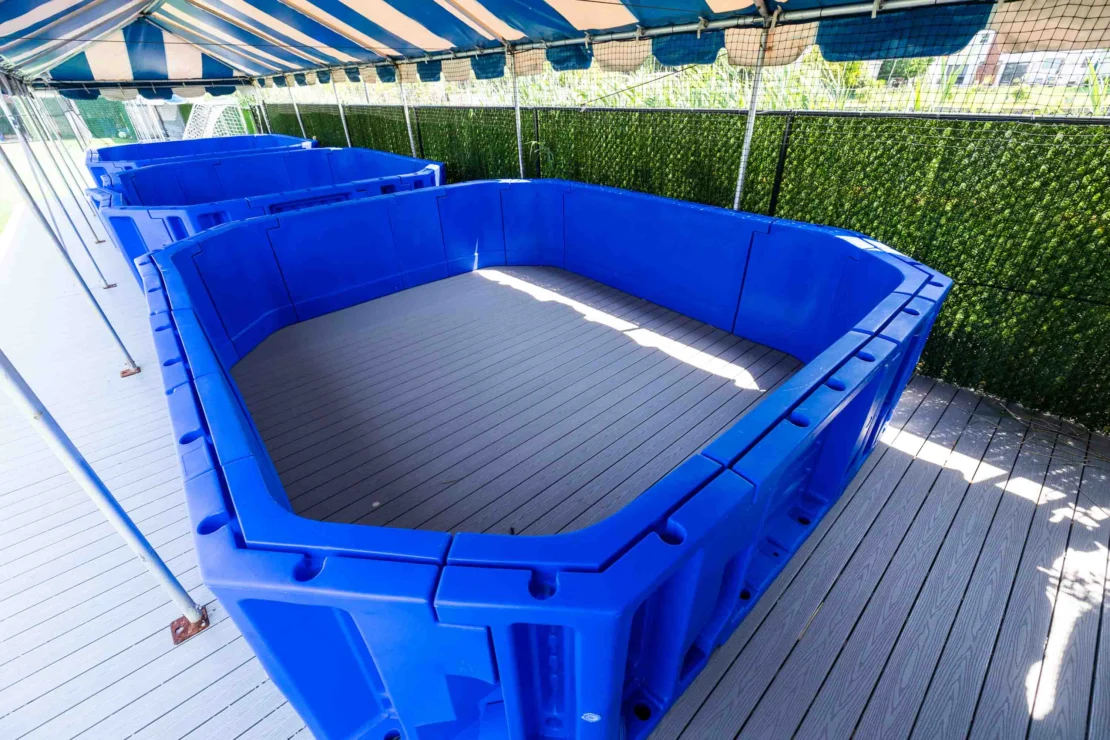 Large empty blue plastic wading pools are set up on a wooden deck under a striped canopy, next to a green privacy fence.