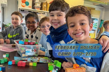 Smiling children build with colorful blocks during February Holiday Camp at Rolling River Day Camp.||||