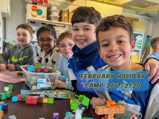 Smiling children build with colorful blocks during February Holiday Camp at Rolling River Day Camp.||||