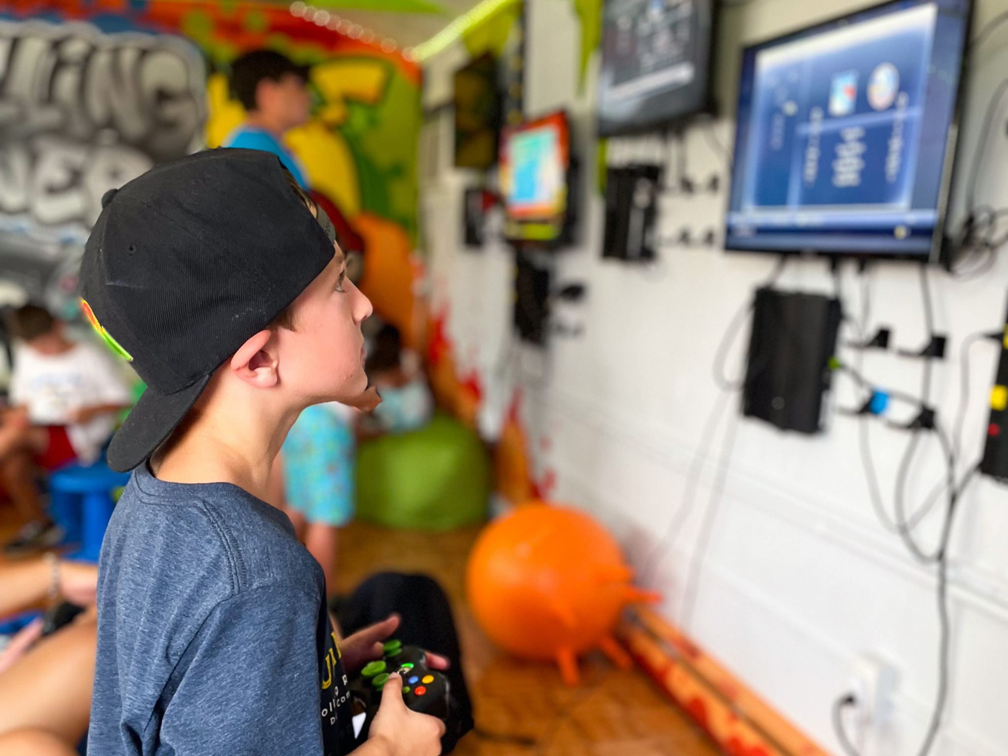A camper playing a video game.