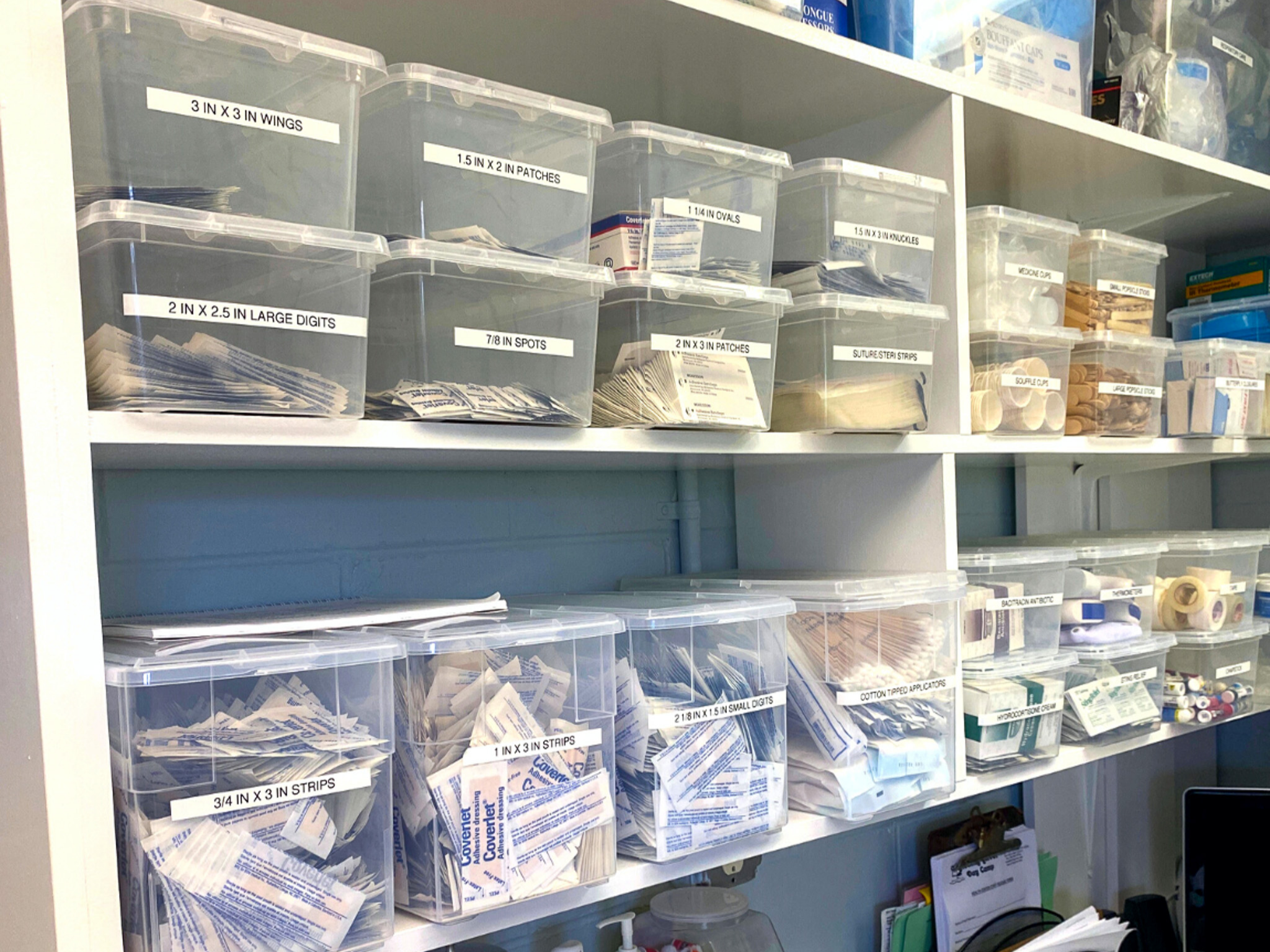 Health center equipment on shelves.