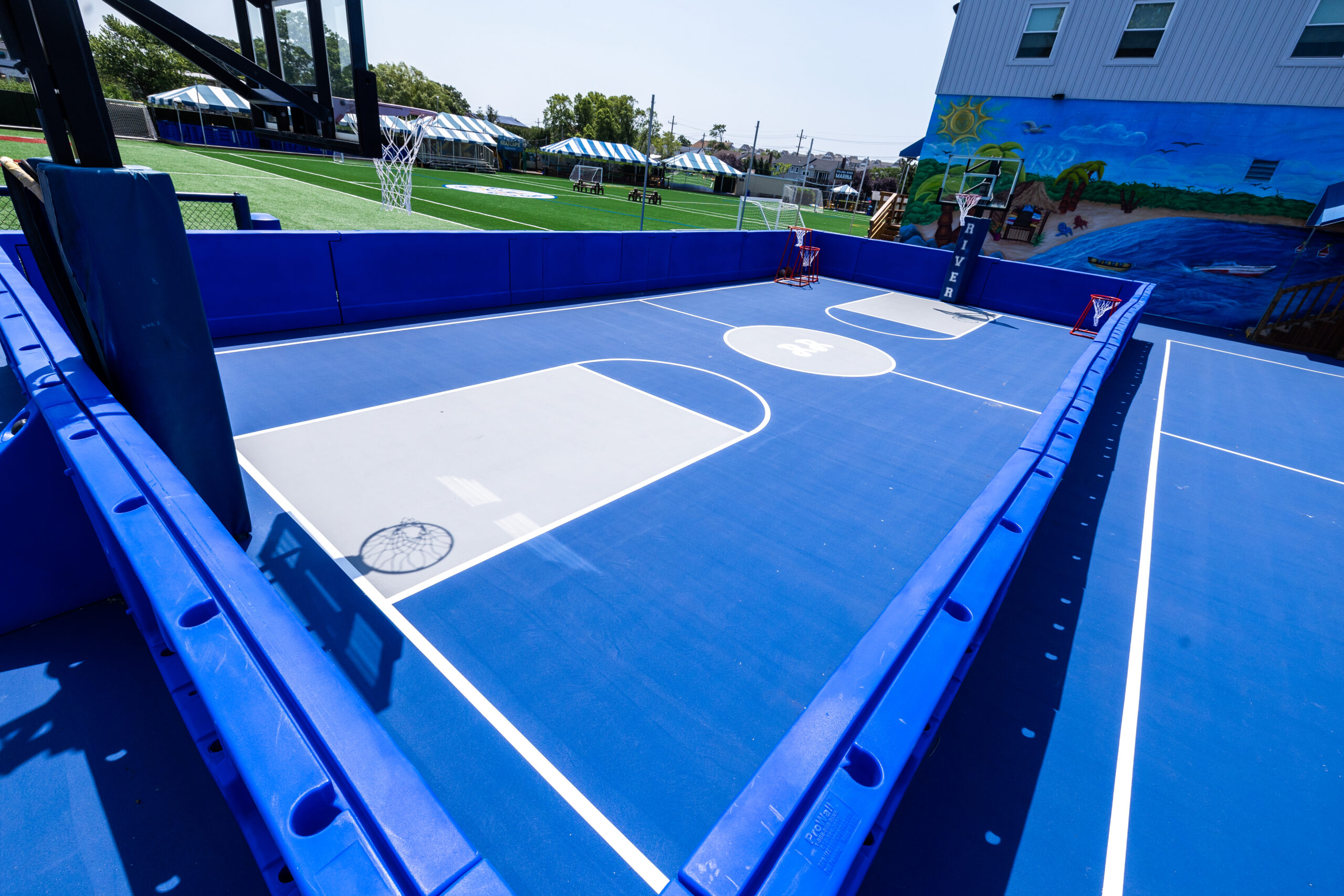 A blue basketball court.