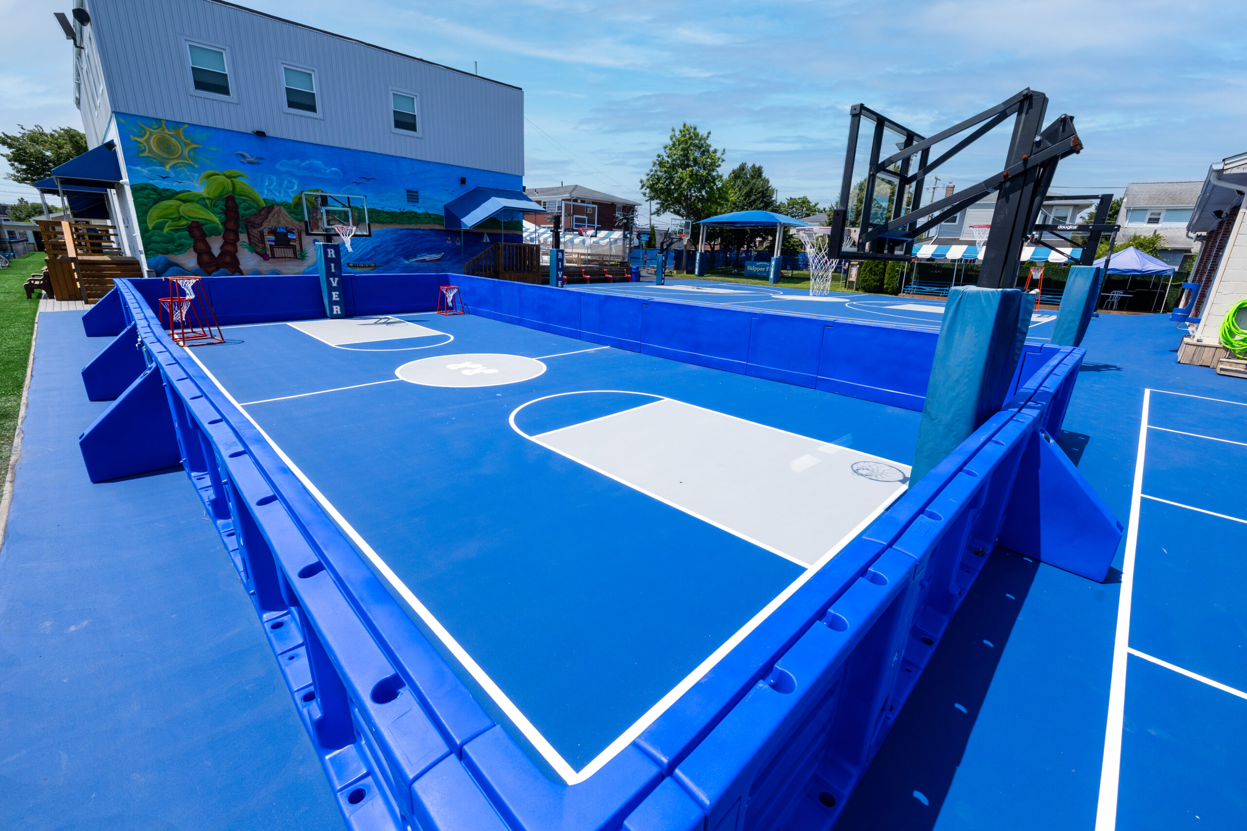 A blue basketball court.