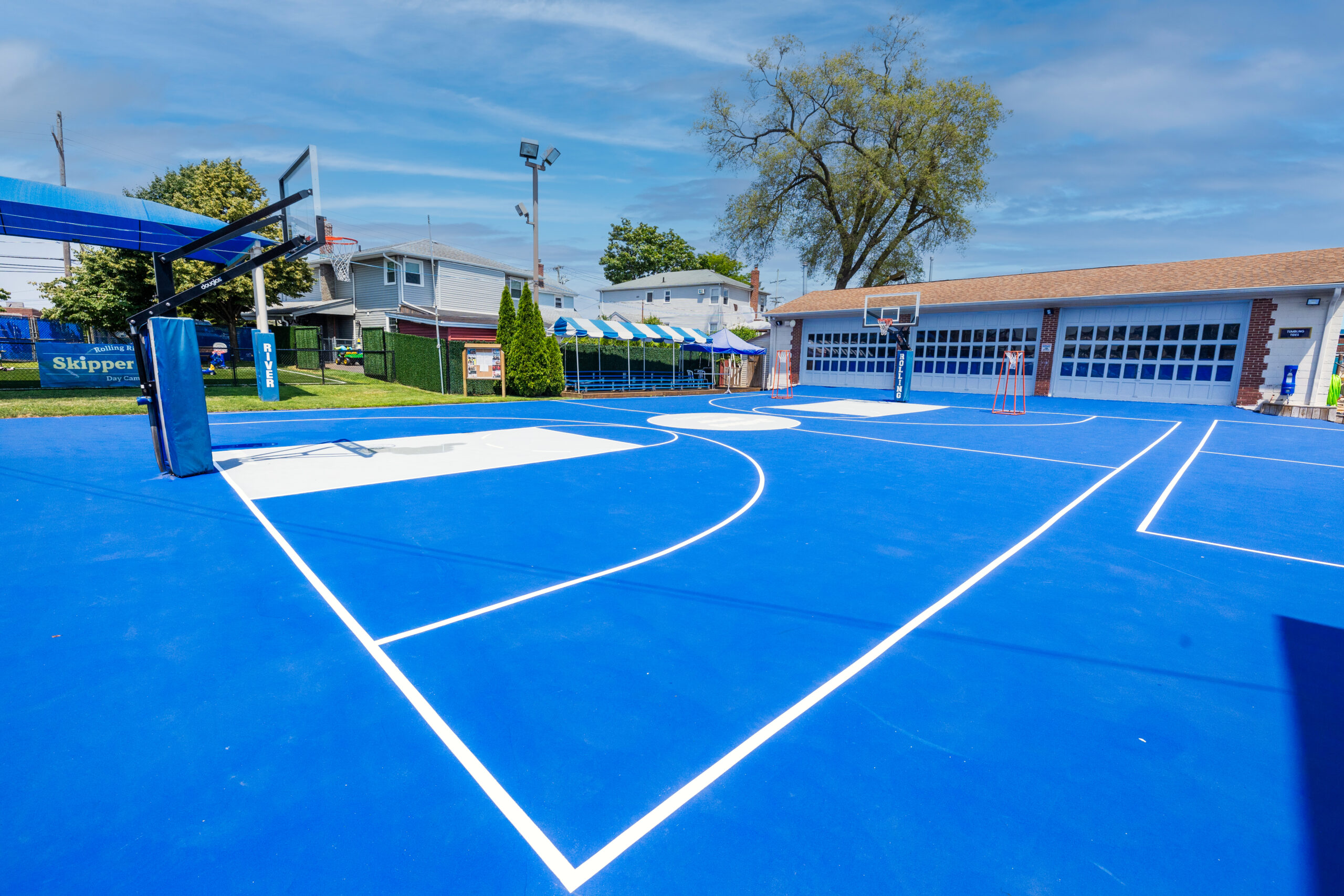 A blue basketball court.