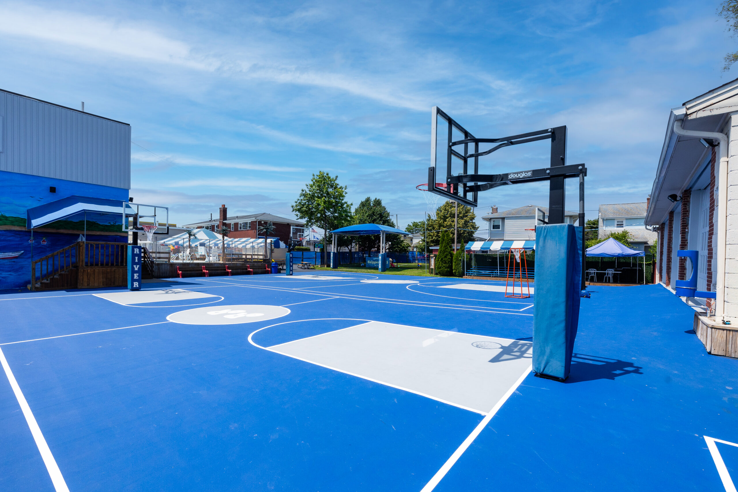 A blue basketball court.