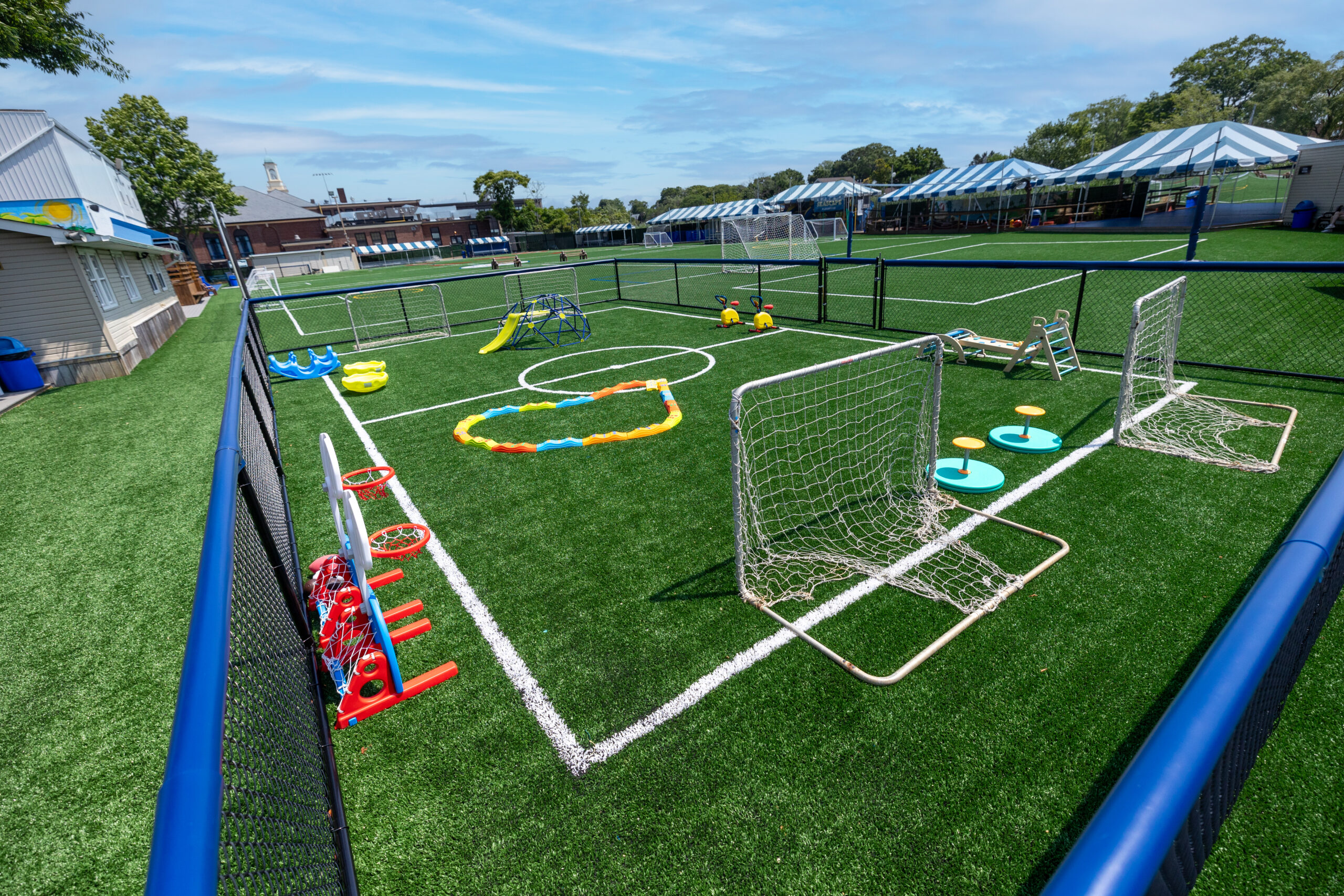 Soccer turf field with equipment.