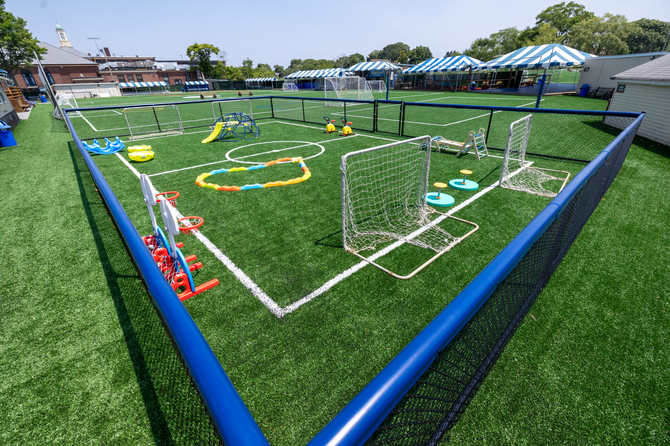 Soccer turf field with equipment.