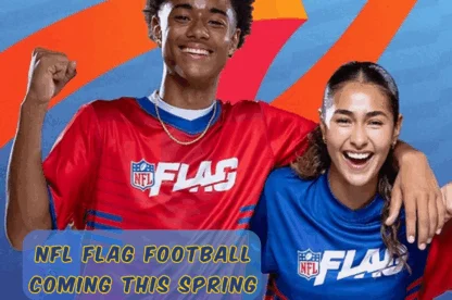 Kids playing NFL FLAG football during a spring league game at Riverview Athletics.
