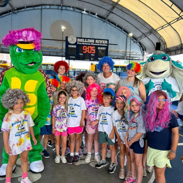 Myrtle and Ray celebrating Wig out Wednesday with our mariner campers at rolling river day camp nassau county long island