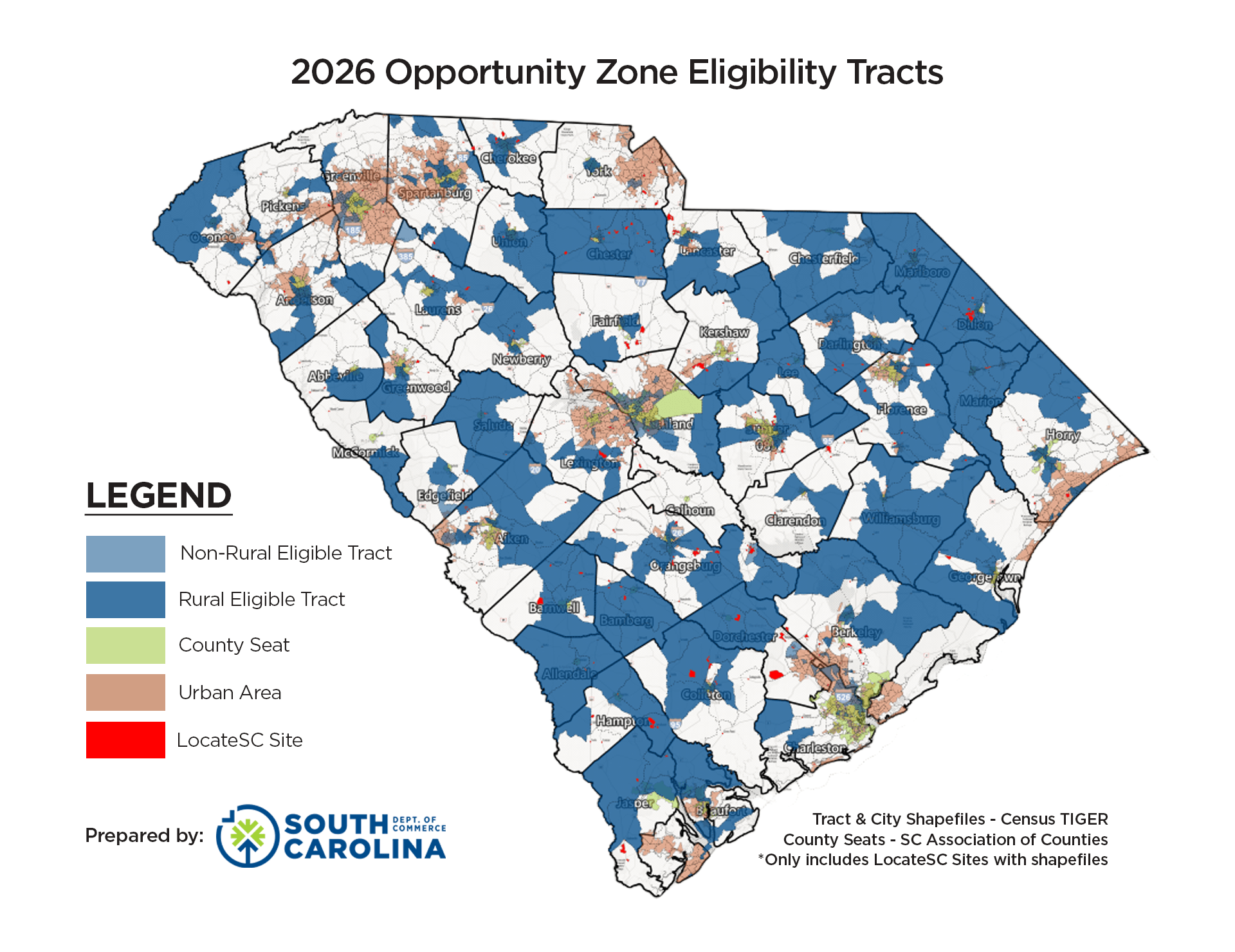 2026 Opportunity Zone Eligibility Tracts map for South Carolina