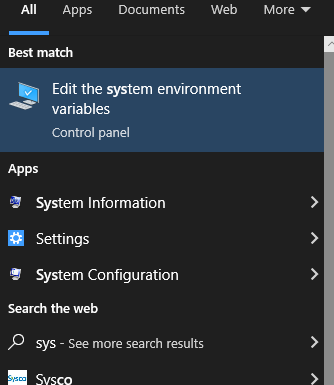 System search for "System" A picture showing the results of a Windows search for "System"