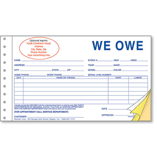 Custom Imprinted We Owe Forms, All Forms &amp; Envelopes: Sid Savage, Inc