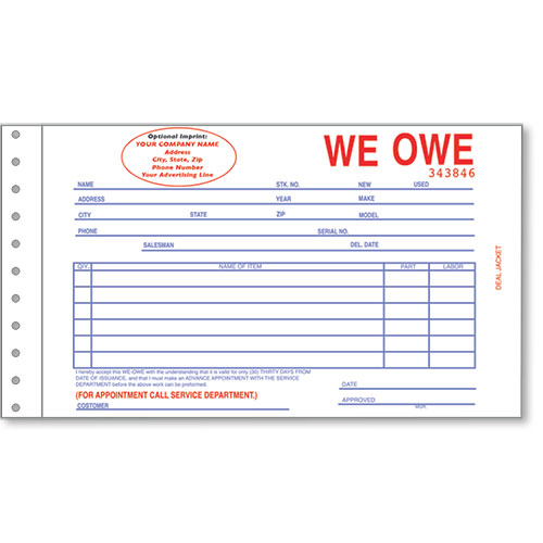Custom Imprinted R &amp; R® Compatible We Owe Forms | Auto Dealer Forms