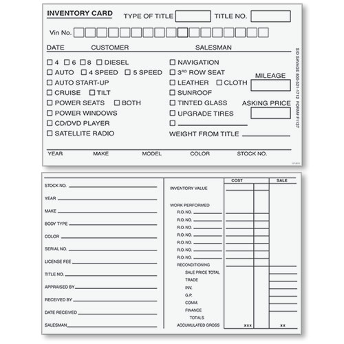 Auto Inventory Cards 5 x 8 White Car Dealership Supplies