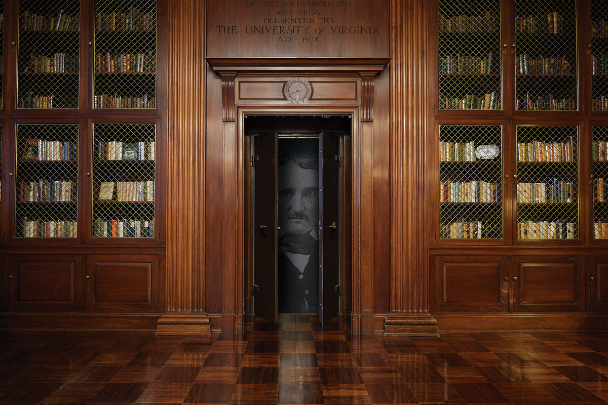 Photo illustration of the McGregor Room in Alderman Library, inset with picture of Edgar Allan Poe