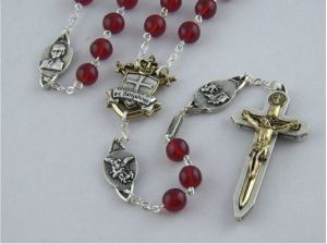 Warriors Rosary with Male Saints: 8mm Red Bohemian Glass with Two-Toned Crucifix