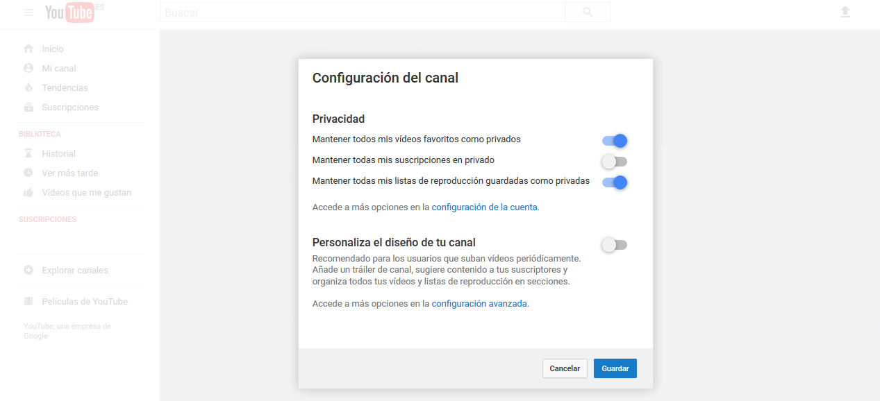 Configuración del canal de YouTube.