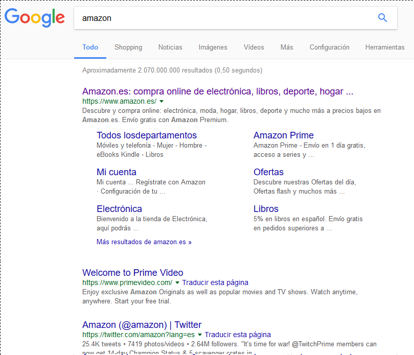 En la búsqueda de Amazon el tercer resultado es su Twitter.