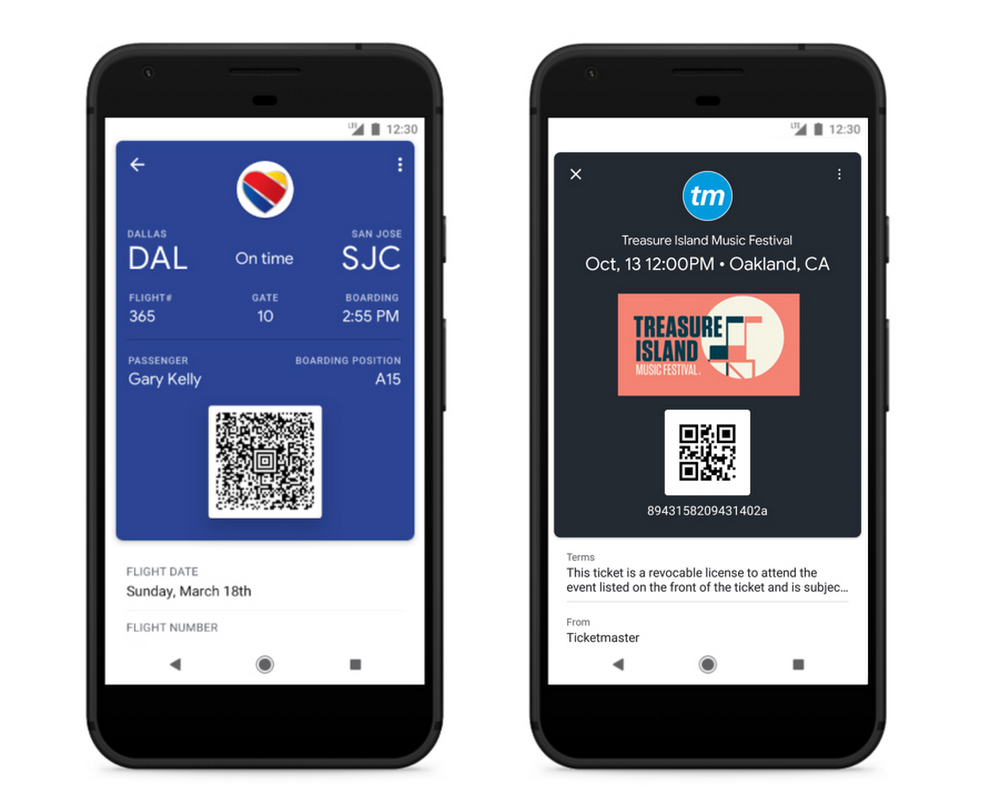 A la izquierda, un billete de avi&oacute;n digital muestra vuelo Dallas a San Jos&eacute;, hora de embarque 2:55 PM y QR. A la derecha, un ticket para el Treasure Island Music Festival en Oakland con QR. Ideal para marketing digital y experiencias de usuario.