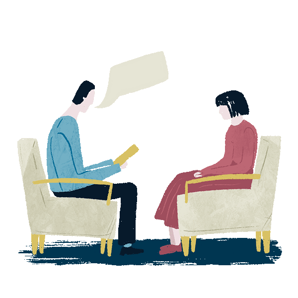 Graphic of a counsellor talking to, and counselling, a patient.