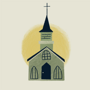 Graphic of a church with a sun behind it
