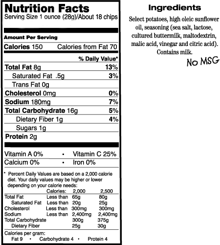 1.5LB Gold Tin of Salt N Vinegar Chips Nutrition Facts