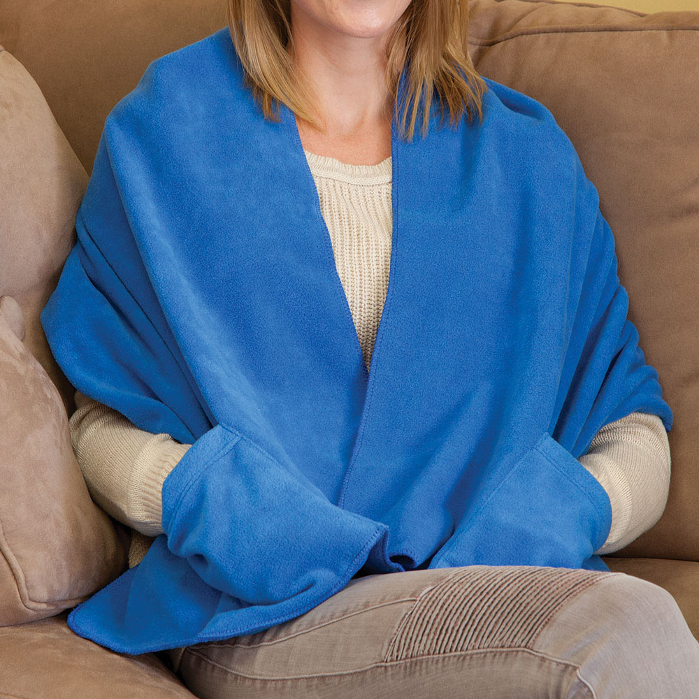 Fleece Wrap Shawl with Pockets Blue Spilsbury