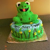 Frog Cake Made using the wilton 3d cuddly bear pan. Base cake is 2 10 inch round cakes(one layer chocolate,one layer vanilla).