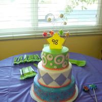 Happy 98Th Birthday All buttercream frosted cake. Airbrushed the blue and green tiers. All dimonds and circles on top tiers are fondant...oh and so is the...