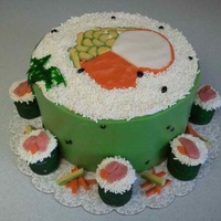 Sushi This cake is wrapped in chocolate clay with white jimmies sprinkled on the top. The smaller pieces are cut from brownies and wrapped with...