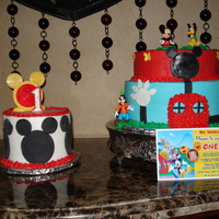 Mickey Mouse Clubhouse Cake For A First Birthday. 10", 8", and 6" with buttercream icing and fondant.