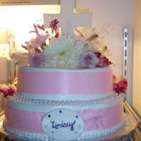 First Communion Cake Whipped Cream icing, Fondant Cross and plate, Real Flowers, Strawberry Cake