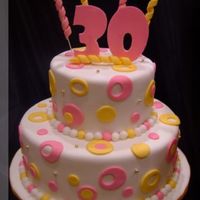 Retro 30Th Birthday Cake 6 & 10 inch rounds, covered in fondant, with pink and yellow retro fondant circles and pearls