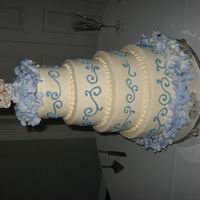 Mmiller.jpg white cake, buttercream icing with periwinkle scrolls. fresh hydrangeas