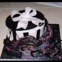Lingerie/bachlorett Shower Cake The cake is butercream with fondant black strips and fondant black top. The bra, underwear and garter are made from fondant and buttercream...