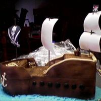 Pirate Ship 16" L x 6" W x ? H WASC cake covered with fondant. Non-edible sails, BC "water". Treasure chest, rope, anchor, barrel,...
