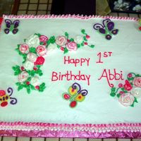 Abbi's First Birthday This is a 1/2 sheet cake made with buttercream frosting and chocolate butterflies and bees. My girlfriend asked me to duplicate the napkin...