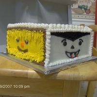 Halloween I did a different Halloween theme on each side of this cake. Dracula, Scarecrow, Pumpkin and Frankenstein. I wrote Happy Halloween on the...