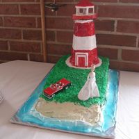 Lighthouse Cake Pic 1 Lighthouse-on-land-with-beach cake for my mother's 50th birthday. Included functioning light. Lighthouse, Barbie, classic car and, yes...