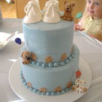 Garrett's Baby Shower 2 tier torted round cake. Chocolate with chocolate fudge filling and buttercream frosting. Puppy decorations and booties out of gumpaste.