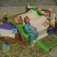 Birthday In Bed 50th Mom in bed with her twin girls, olderboy, Tibetian Spaniel and grumpy dad! Debbie Brown inspired. Yellow cake and MMF