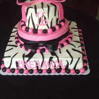 Sweet 16 Black & white zebra w/hot pink fondant bow & fondant ball border