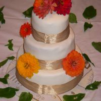 Zinnia Wedding Practice Wedding Cake; 4-6-8, 4 and 8 were dummies, 6" is a lemon w/raspberry filling all with MMF. Zinnias from my garden and some...