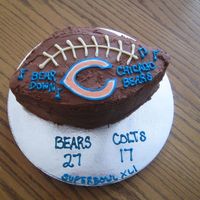 Img_2261.jpg Superbowl cake - wrong on the prediction! Choc BC filling and frosting, candy choc for Bears' C and writing